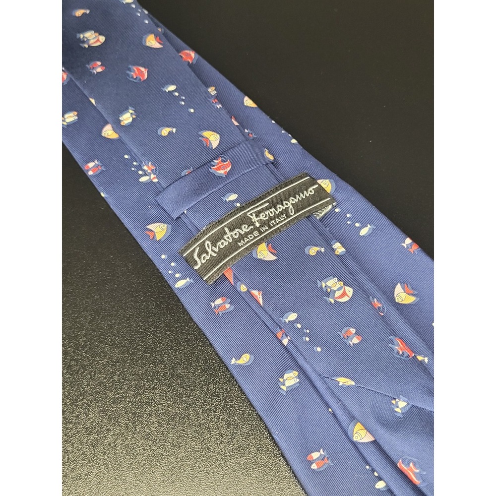 Salvatore Ferragamo Necktie Blue Tropical Fish Pattern Silk Made in Italy
